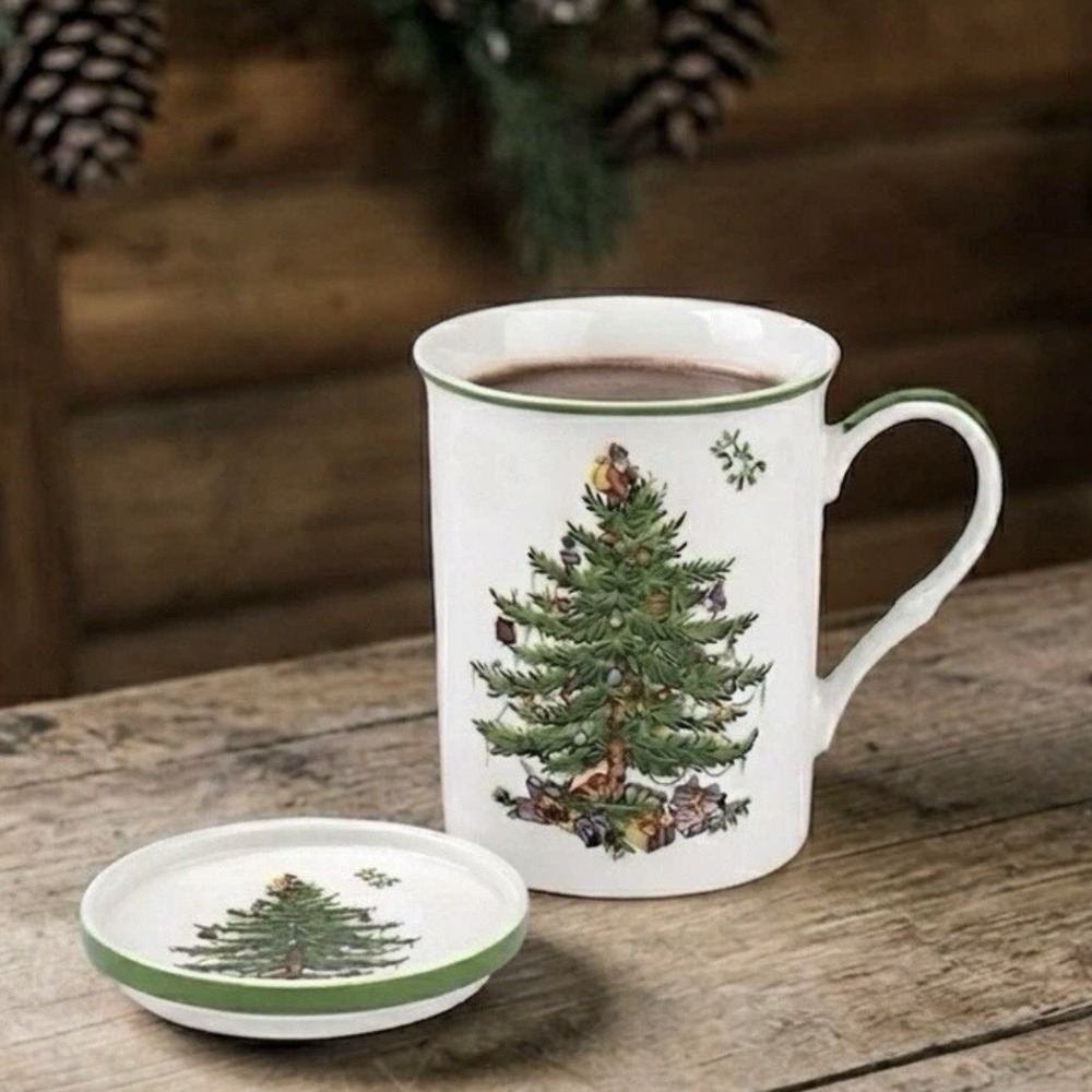 SPODE Christmas Tree Mug Coaster Set 14oz Holiday Coffee Cocoa Cup Boxed Gift